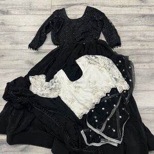 Elegant Black and White Indian lehenga set 2 blouses and 2 dupatta